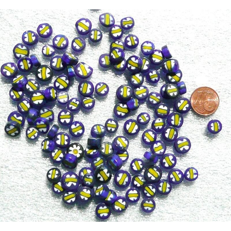 Millefiori bleu et jaune fleur diamètre de 8 mm par 50g