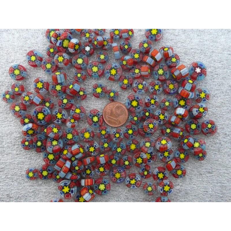 Millefiori rouge et bleu fleur jaune diamètre de 8 mm par 50g